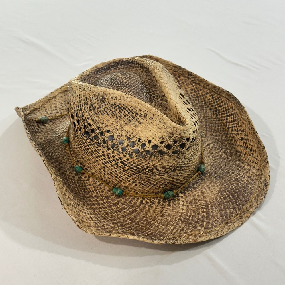 Conner Handmade Hats Straw Cowboy Hat S/M Tan Snakeskin Print Turquoise F1016-1